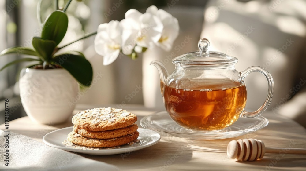 Herbal tea and oat cookies on a table. Herbal tea and oat cookies on a table.