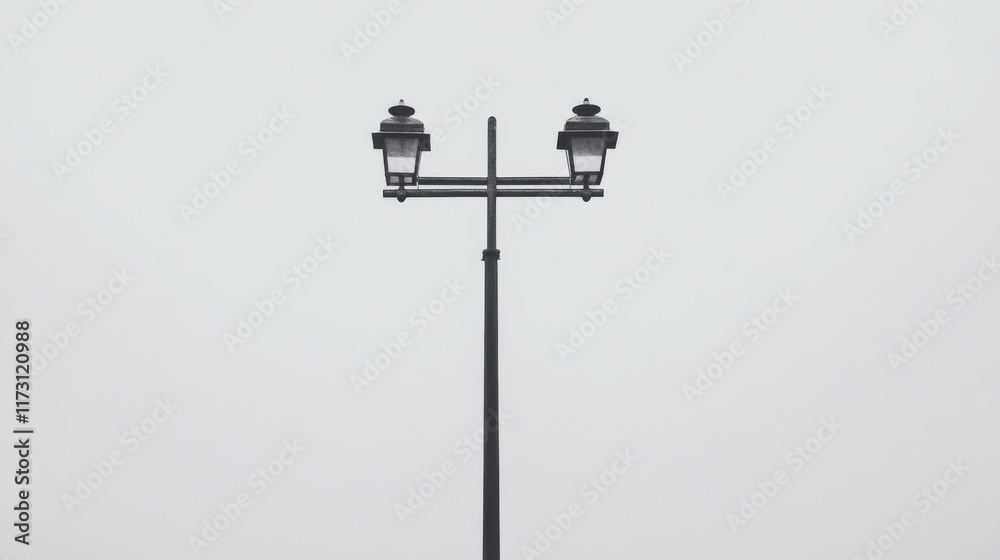 Minimalist photo of a double lamp post against a foggy sky. Minimalist photo of a double lamp post against a foggy sky.