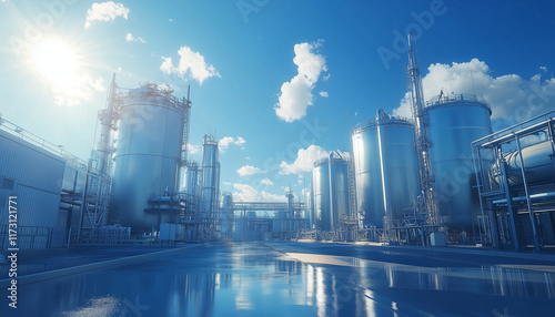 hydrogen storage tanks at a production plant with reflexion