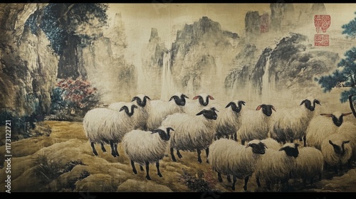 Traditional chinese painting of sheep in mountain landscape