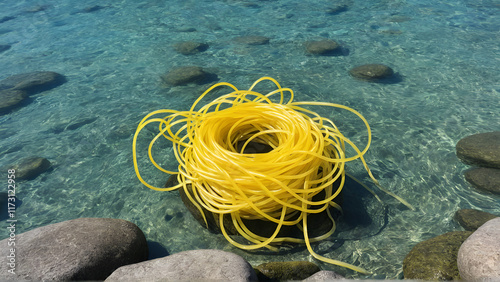 The yellow noodles wriggle beautifully in the clear water. photo