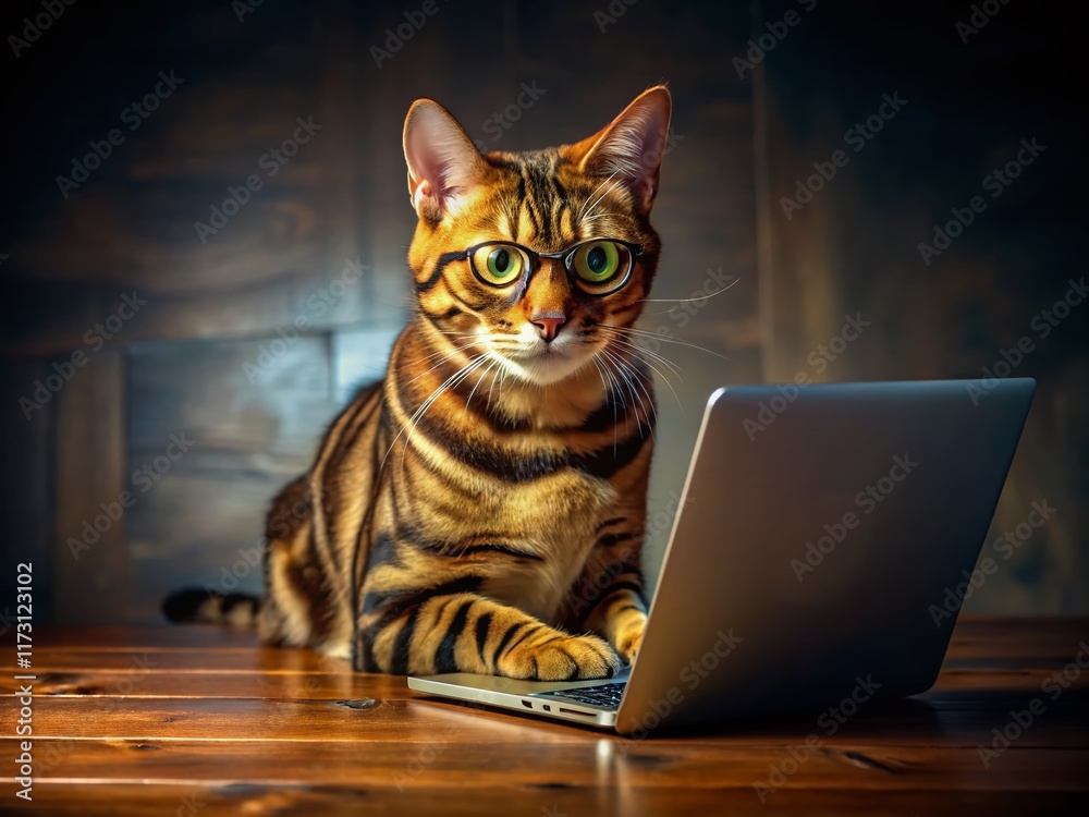 Bengal Cat in Glasses Working on Computer - Low Light Office Stock Photo Bengal Cat in Glasses Working on Computer - Low Light Office Stock Photo