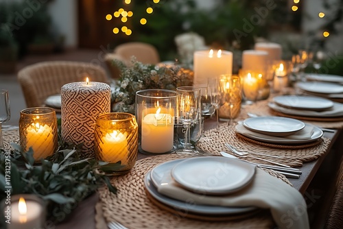 Romantic candlelit outdoor dinner table setting. photo