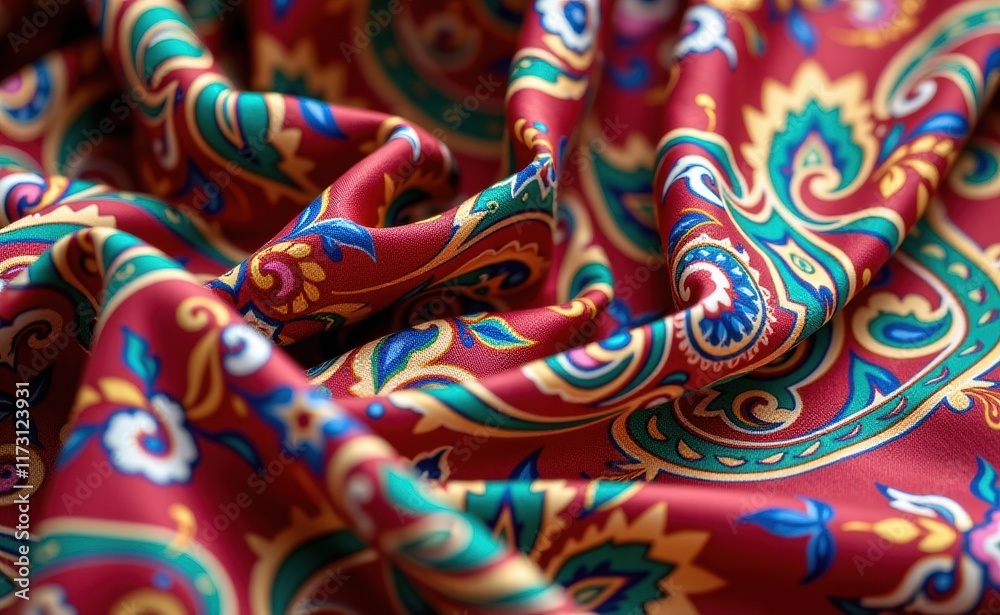 A luxurious silk fabric draped with a vibrant paisley pattern showcasing rich colors and intricate details A luxurious silk fabric draped with a vibrant paisley pattern showcasing rich colors and intricate details