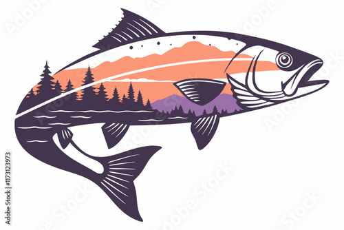 Double Exposure Fish Silhouette - Mountain Sunset and Forest Artwork.
