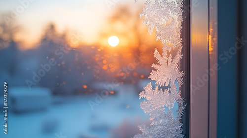 A frozen windowpane, with intricate frost patterns as the background, during an icy winter morning