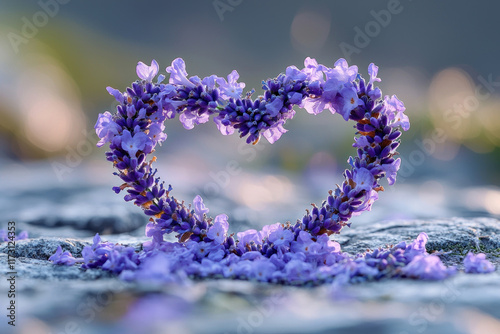 Lavender heart on rock at sunset, blurred background, romantic greeting card