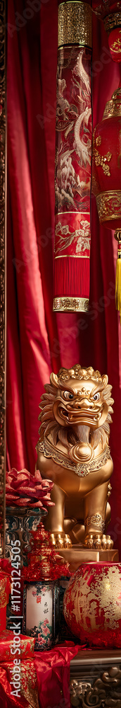 Elegant Decorations Featuring Red and Gold Chinese Lanterns and Golden Sculptures Elegant Decorations Featuring Red and Gold Chinese Lanterns and Golden Sculptures