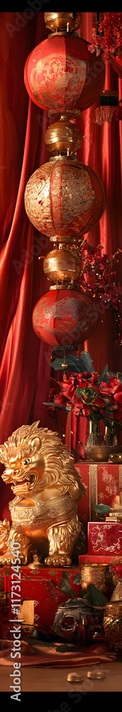Obraz premium Elegant Decorations Featuring Red and Gold Chinese Lanterns and Golden Sculptures