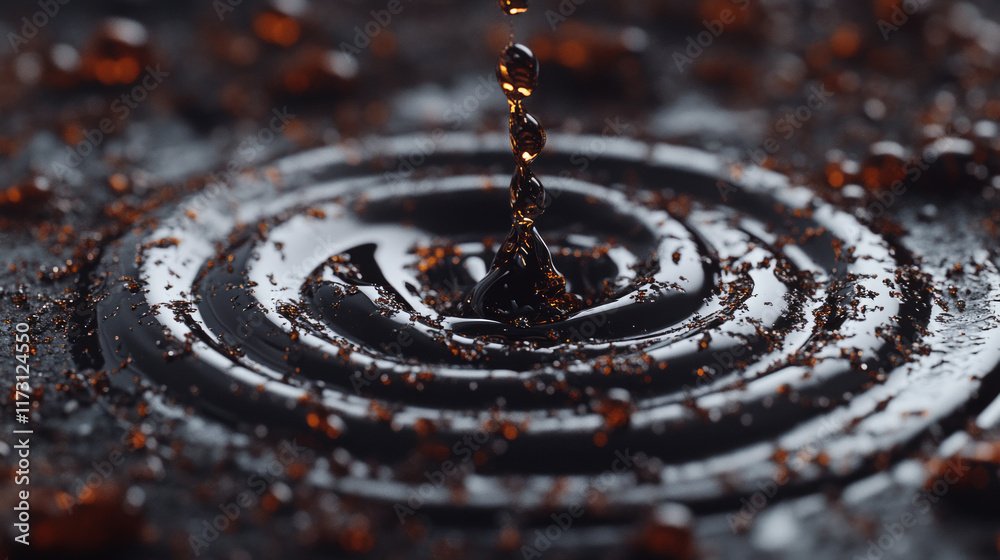 Water drop splashing in dark liquid creating perfect concentric ripples with golden ratio pattern on black background Water drop splashing in dark liquid creating perfect concentric ripples with golden ratio pattern on black background
