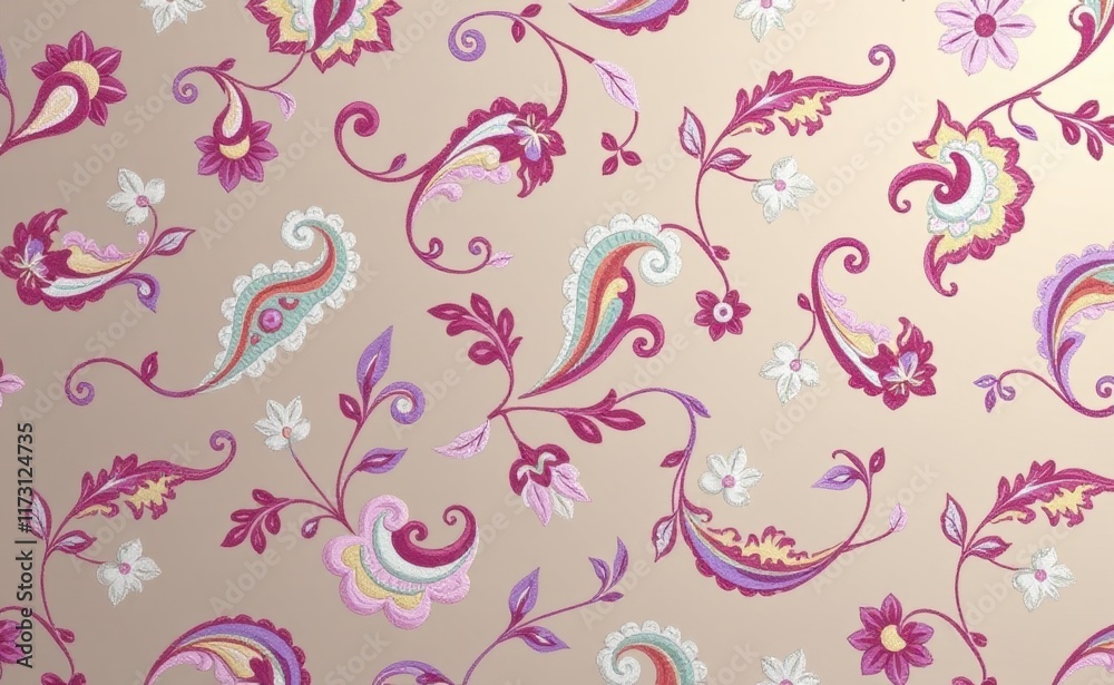 A luxurious silk fabric draped with a vibrant paisley pattern showcasing rich colors and intricate details A luxurious silk fabric draped with a vibrant paisley pattern showcasing rich colors and intricate details