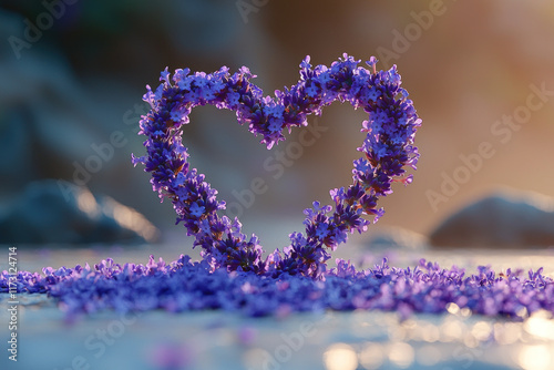 Lavender heart on rocky beach at sunset with blurred background