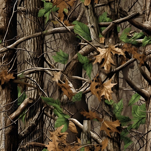 Realistic forest camouflage.Seamless pattern. Trees, branches, green and brown oak leaves. Useable for hunting and military purposes.