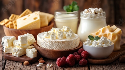 Assortment of dairy products cheese, yogurt, cottage cheese, and raspberries on wooden table.
