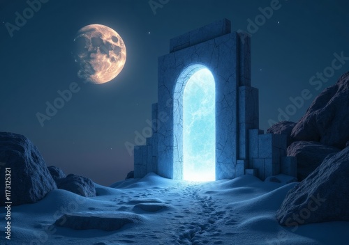 Mystical portal with glowing light under a full moon in a snowy landscape photo