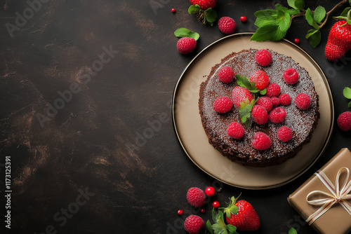 Birthday party background with delicious cake and wonderful gift. 