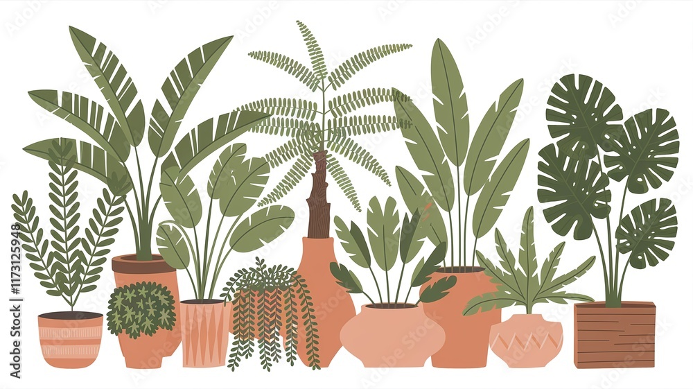 Obraz premium Lush greenery with various houseplants in colorful pots arranged against a simple background