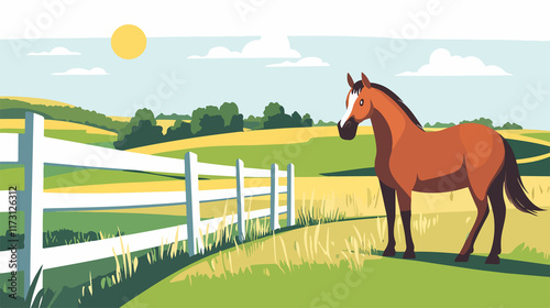 Rural farm scenery with horse, fence, field, hills, sun - Cartoon vector illustration photo