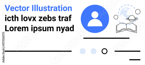 Profile icon in blue circle, globe with planetary rings, open book, sample text in black, underlines, floating circles. Ideal for profile sections, education-themed elements, space, technology
