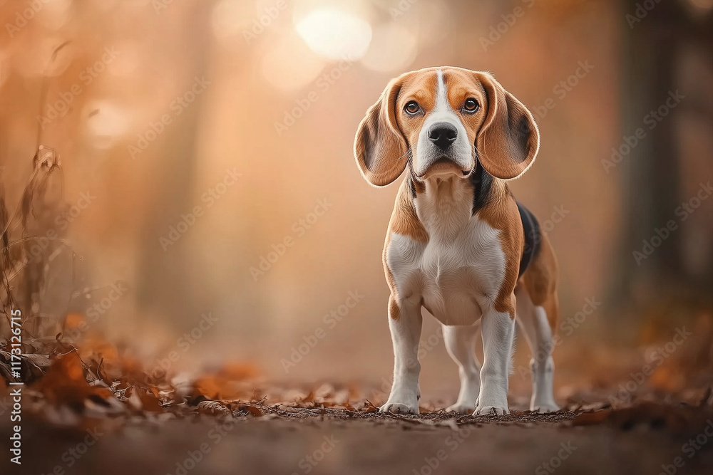 Beagle puppy standing at autumn park image with a copy space Beagle puppy standing at autumn park image with a copy space