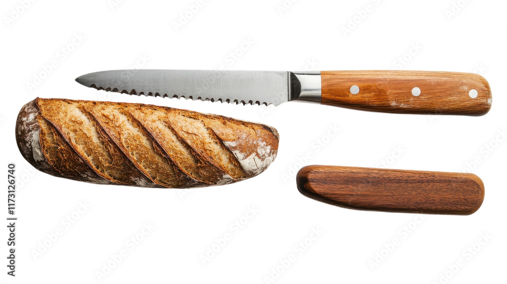 Obraz premium Sliced artisanal bread on a cutting board with a serrated knife and wooden handle resting beside it.