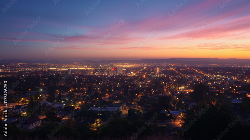 Vibrant Cityscape at Dusk with Twinkling Lights and Stunning Sunset Sky Vibrant Cityscape at Dusk with Twinkling Lights and Stunning Sunset Sky