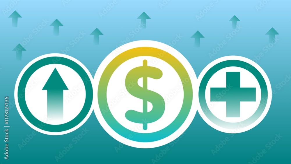 Financial rise increase concept idea banner desin illustration with positive sign, arrow and dollar sign all on a gradient background Financial rise increase concept idea banner desin illustration with positive sign, arrow and dollar sign all on a gradient background