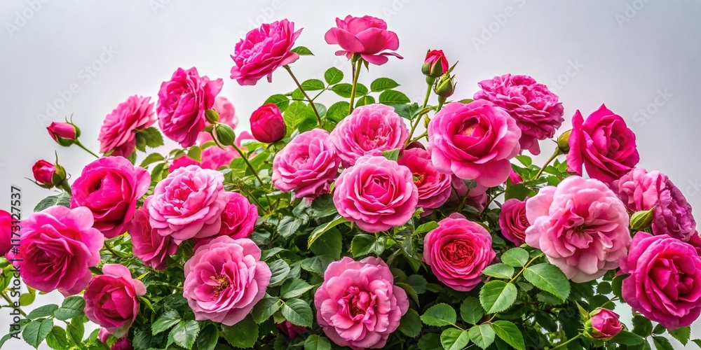 Obraz premium Blooming Pink Rose Bush Isolated, White Background, Urban Exploration Photography Style