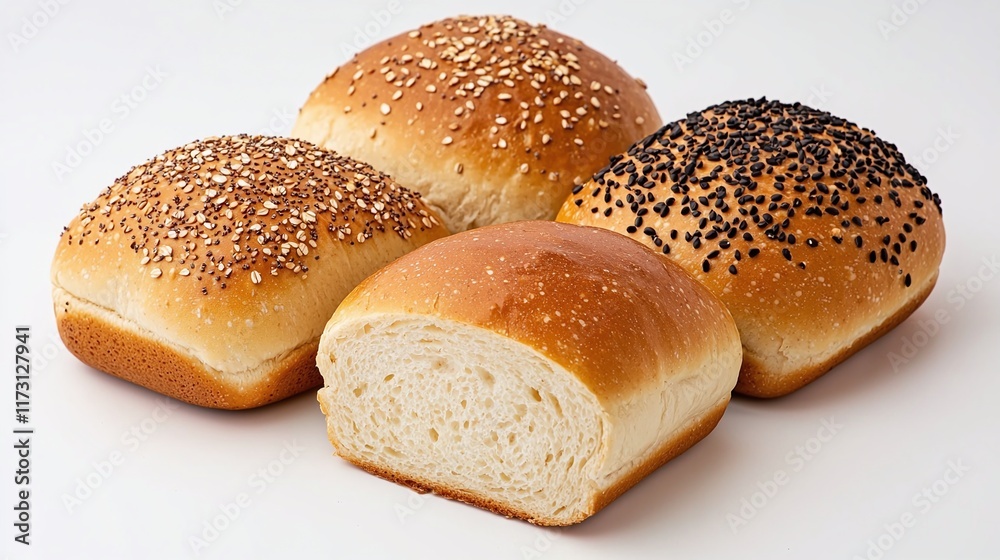 Four artisan bread rolls, three whole and one sliced, showcasing various seeds. Four artisan bread rolls, three whole and one sliced, showcasing various seeds.