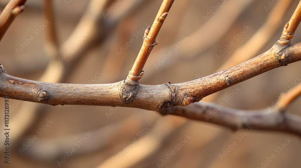 Tree branch with winter buds in morning light, macro nature detail Tree branch with winter buds in morning light, macro nature detail