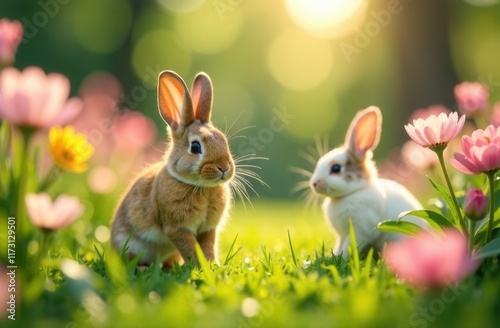Two rabbits are playfully sniffing each other in a lovely field of flowers photo