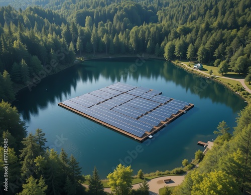 Aerial view of a large array of floating solar panels on a tranquil lake nestled within a lush forest.