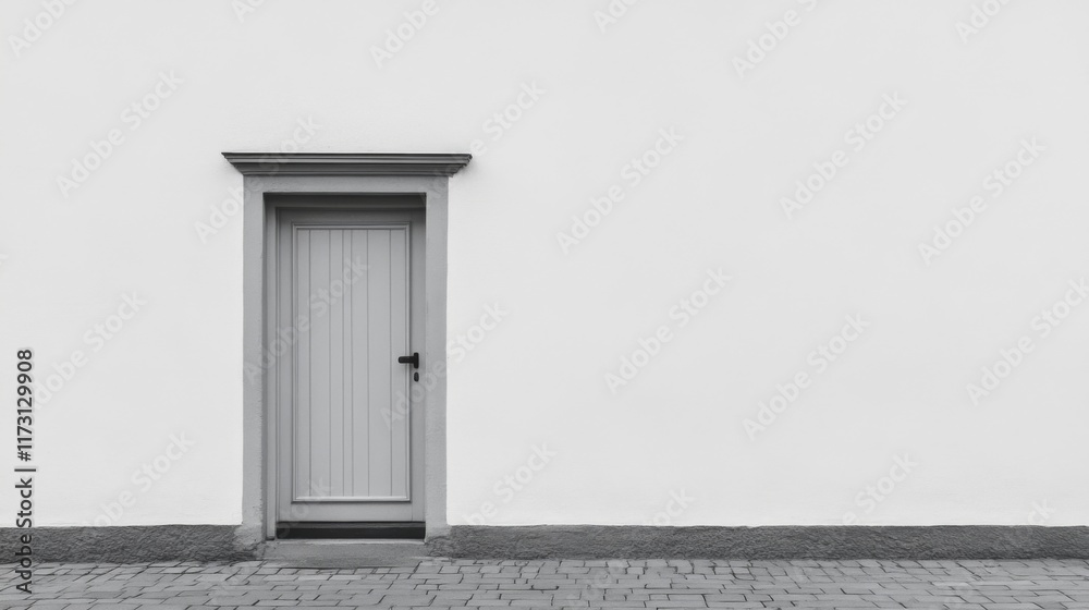 Single grey door on a white wall. Single grey door on a white wall.