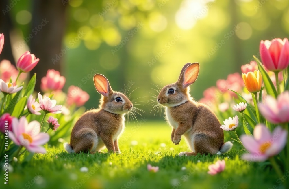 Obraz premium spring garden filled with rabbits hopping around