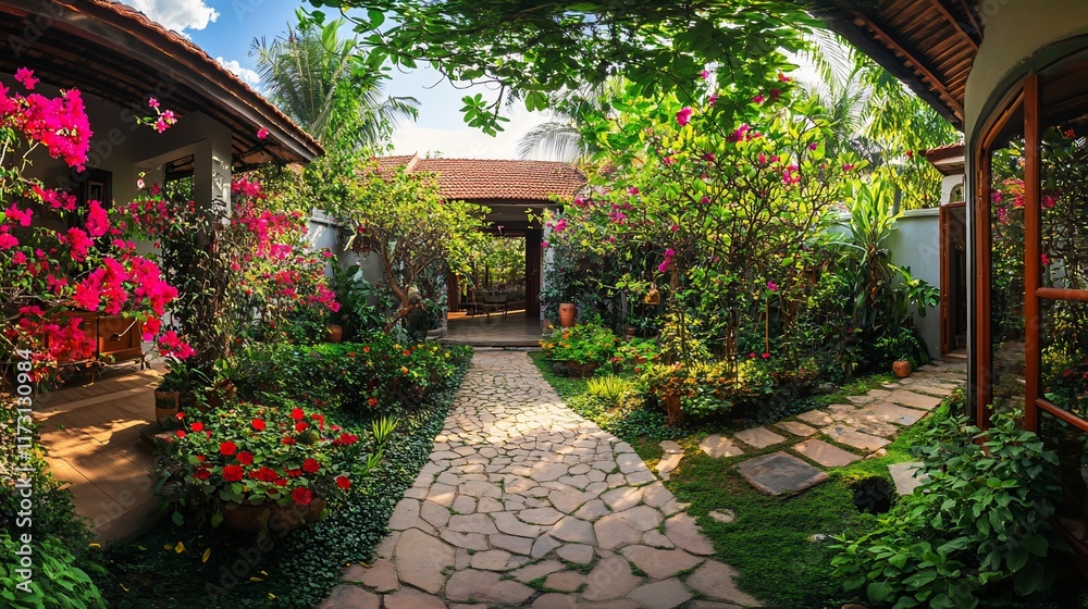 Lush tropical courtyard garden with stone path.