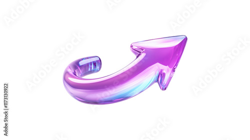 A purple arrow pointing down. The arrow is made of glass and is very shiny. It is on a trasparent background	