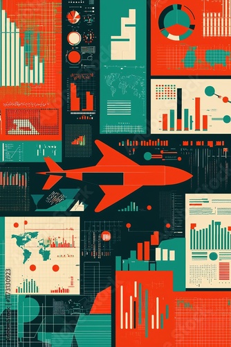 Colorful digital collage featuring graphs, charts, and an airplane, representing data analytics in the aviation industry. Cybersecurity,Cloud Security