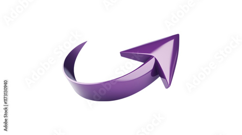 A purple arrow pointing down. The arrow is made of glass and is very shiny. It is on a trasparent background	