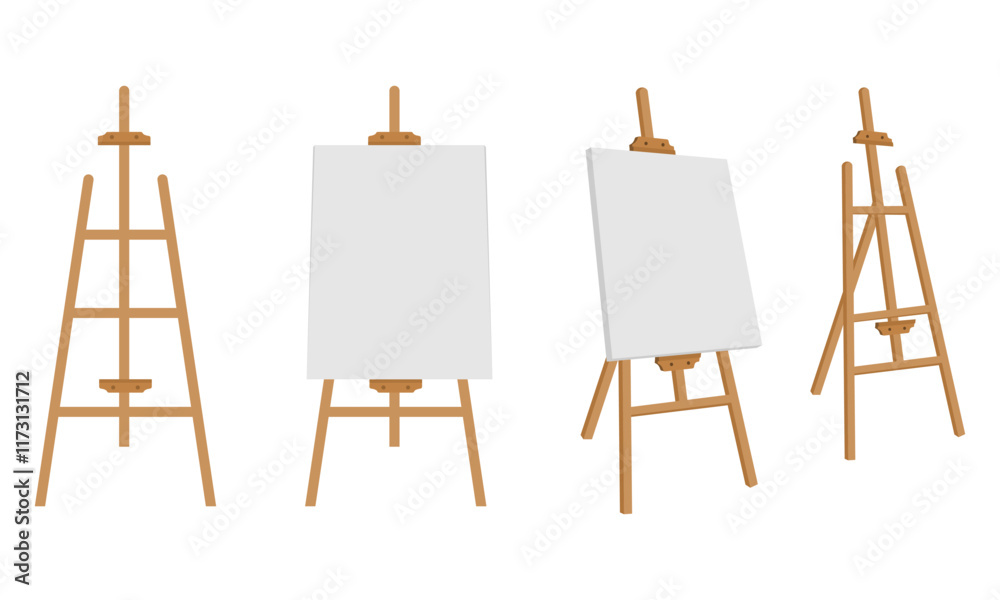 wooden easel with blank canvas for painting, vector illustration isolated on white background.