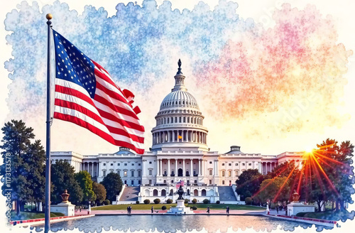 American flags against the backdrop of the Capitol, official ceremony.
