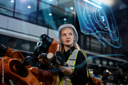 Professional engineer or programmer check robotic arm with AI tool in factory lab, specialist job and smart factory technology