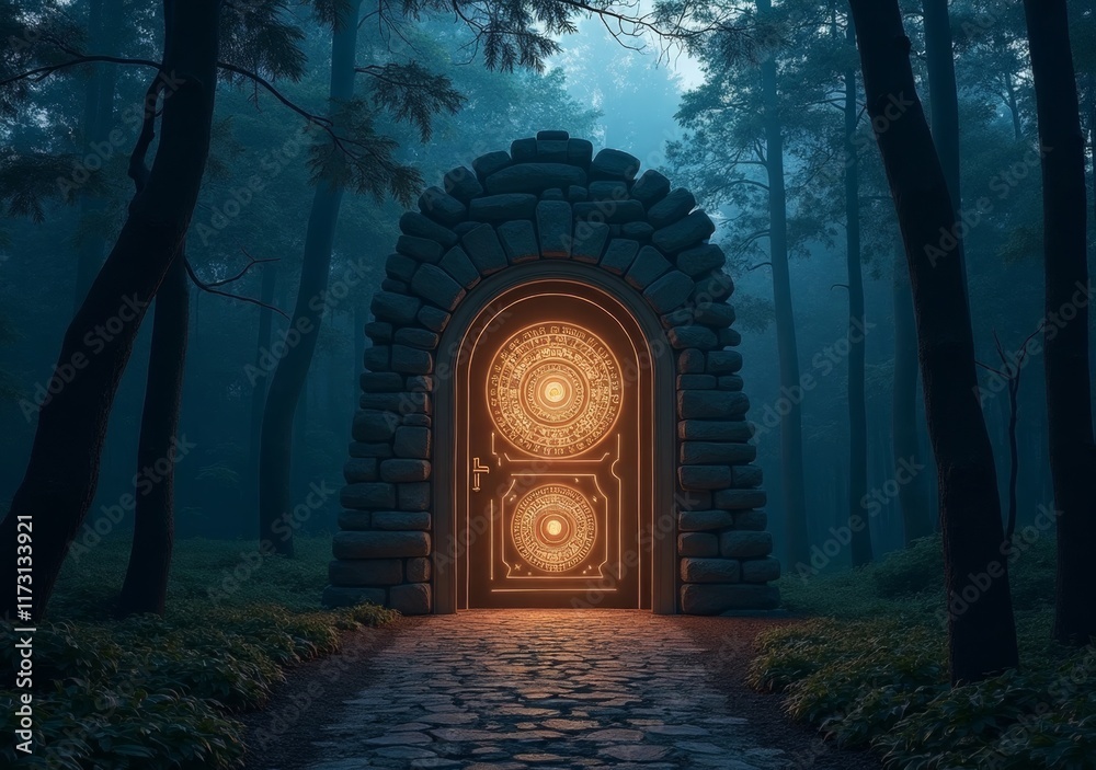 Fototapeta premium Mysterious illuminated door in a foggy forest at twilight invites exploration and wonder