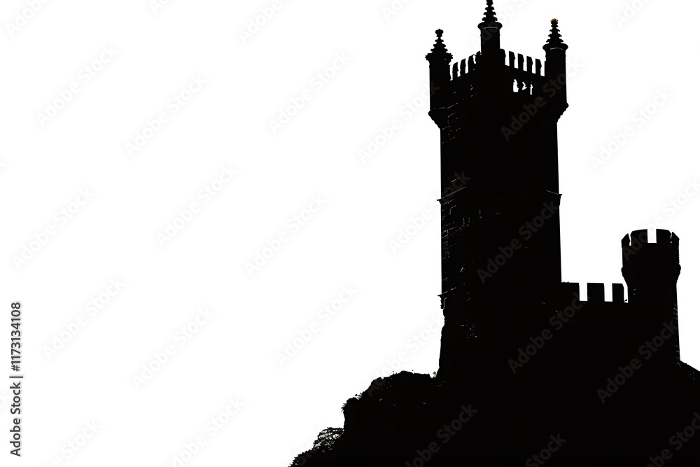 Fototapeta premium Silhouette of a castle tower on a white background
