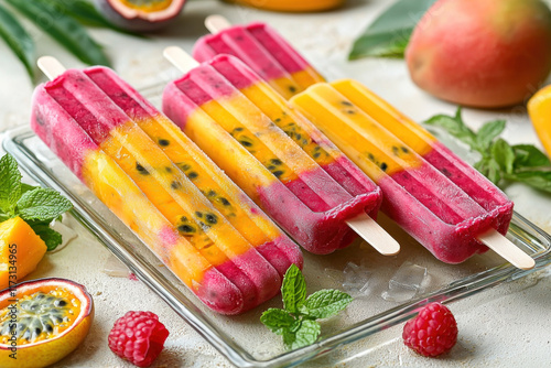 Tropical fruit popsicles with mango, passion fruit, and raspberry on icy tray photo