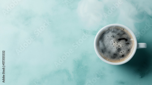 Hot coffee cup steam swirls in morning light against turquoise marble surface, creating artistic photography of morning beverage with dreamy ethereal atmosphere
