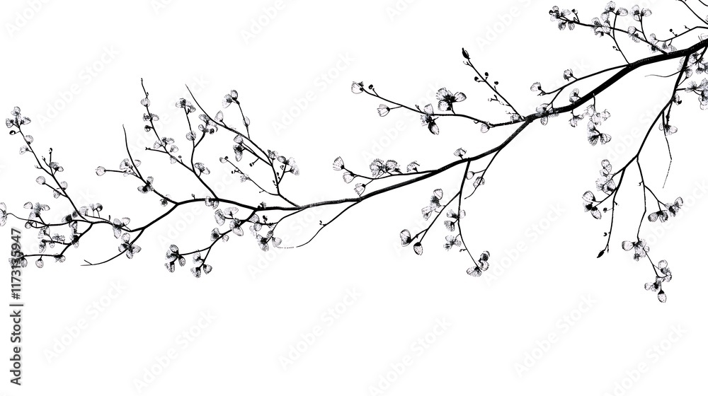 tree branch small leaves line outline light gray background tree branch small leaves line outline light gray background