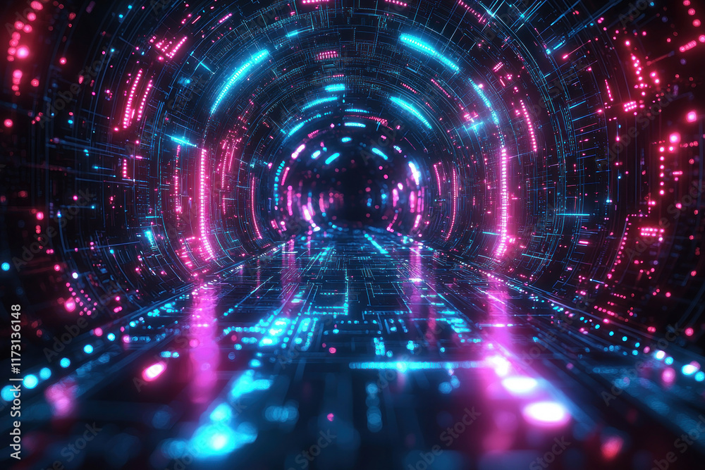 Fototapeta premium Neon tunnel data stream cyberspace background animation loop