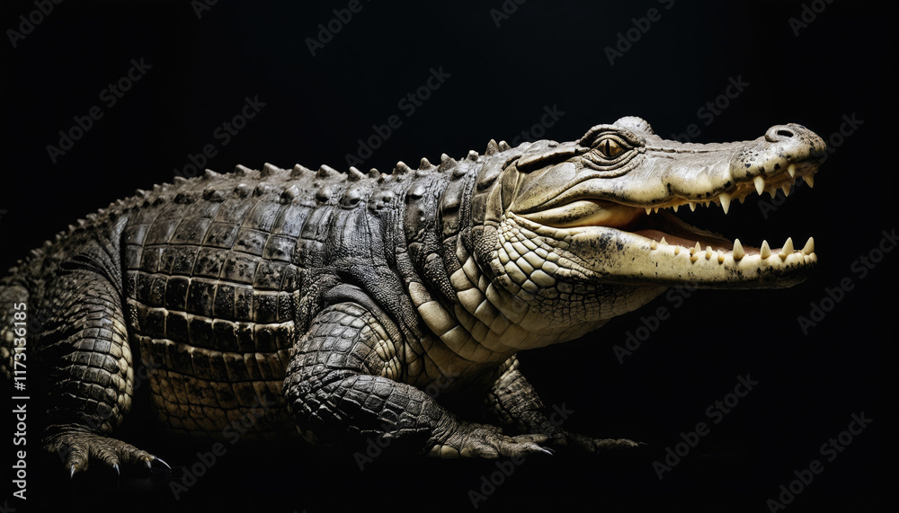 Detailed view of a crocodile resting with its mouth open, showcasing its sharp teeth and textured skin