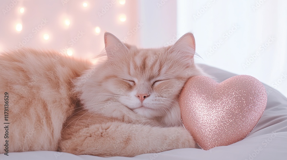 Obraz premium Cream longhair cat sleeping beside glitter heart pillow in pastel pink light, cozy moment with cream longhair cat resting in soft scene, valentine-style pet image featuring cream longhair cat