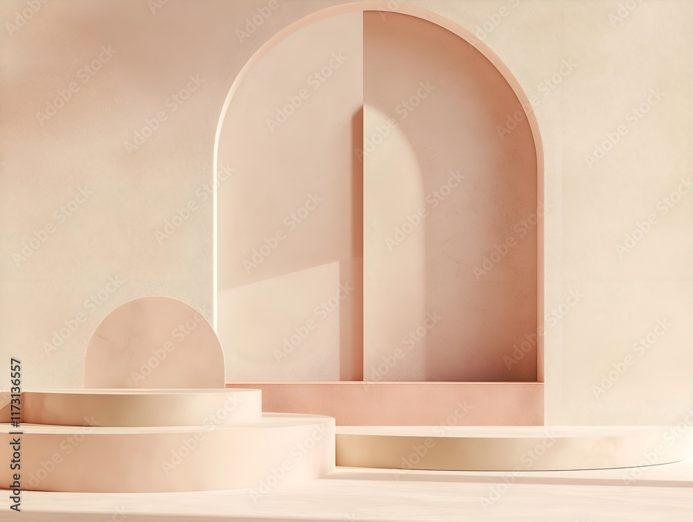 a light peach setting with arches, soft light and geometric forms, creates a simple and modern design scene. a light peach setting with arches, soft light and geometric forms, creates a simple and modern design scene.